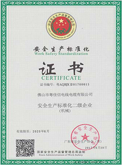 安全生產標準化二級企業證書
